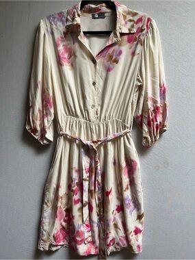 M Made in Italy Cream Floral Viscose Button Shirt Dress Belted Sz S